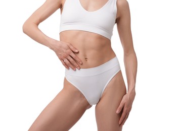 Photo of Woman with perfect slim body on white background, closeup