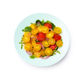 Photo of Fresh salad with yellow tomatoes isolated on white, top view