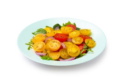 Photo of Fresh salad with yellow tomatoes isolated on white