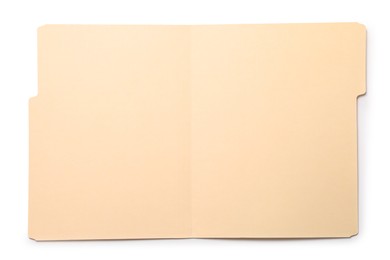 Photo of Open paper file folder isolated on white, top view