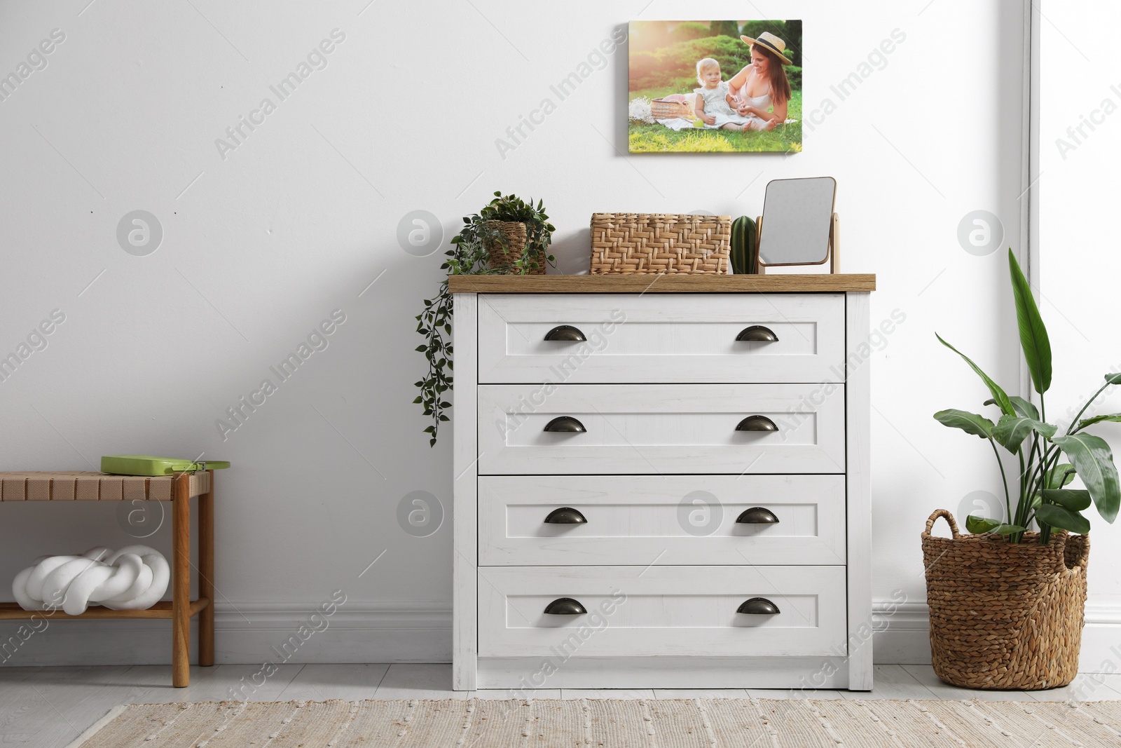 Dresser with stylish decor and houseplants near white wall indoors Photo of Dresser with stylish decor and houseplants near white wall indoors