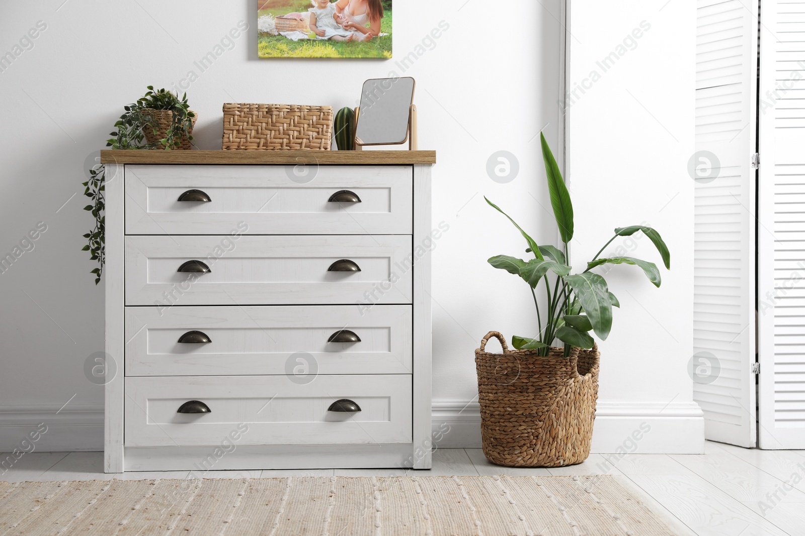 Dresser with stylish decor and houseplants near white wall indoors Photo of Dresser with stylish decor and houseplants near white wall indoors
