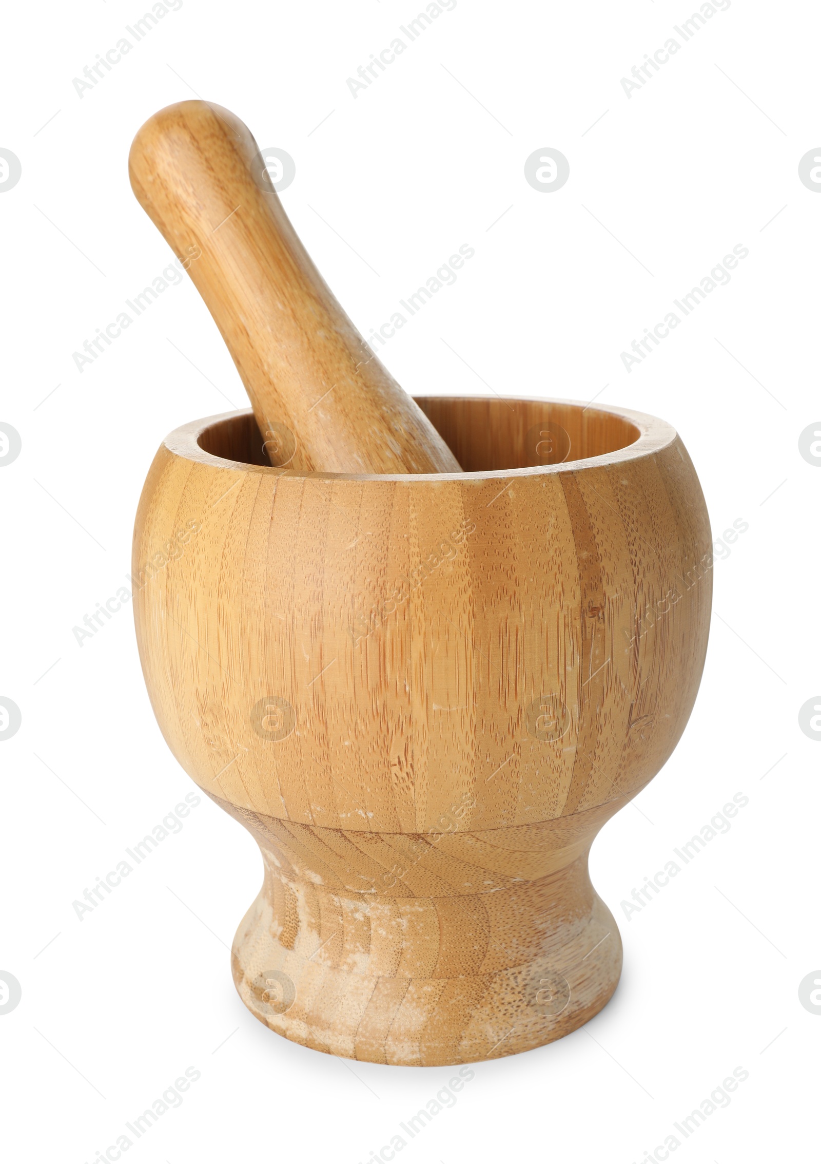 Wooden mortar with pestle isolated on white Photo of Wooden mortar with pestle isolated on white