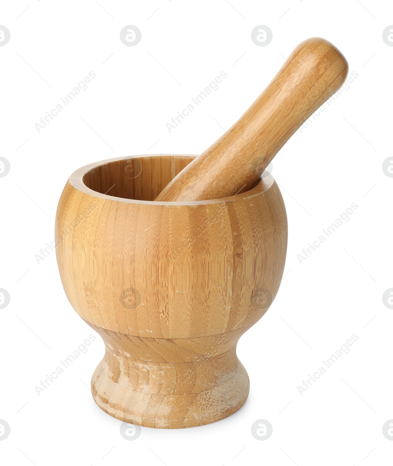 Wooden mortar with pestle isolated on white Photo of Wooden mortar with pestle isolated on white