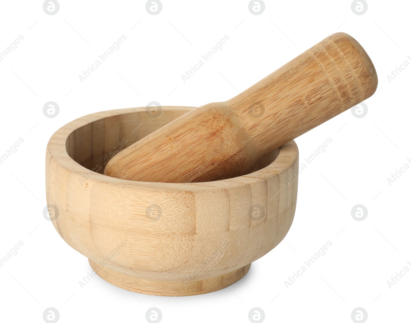 Wooden mortar with pestle isolated on white Photo of Wooden mortar with pestle isolated on white