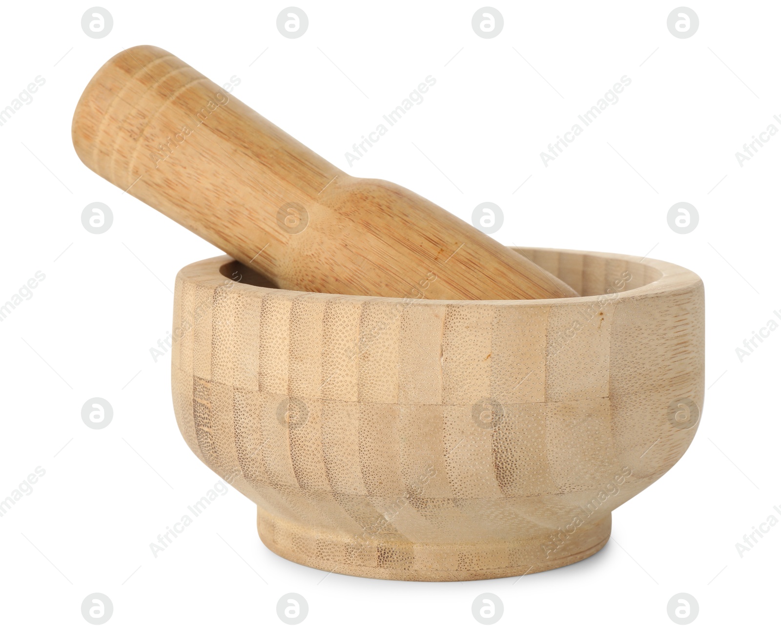Wooden mortar with pestle isolated on white Photo of Wooden mortar with pestle isolated on white