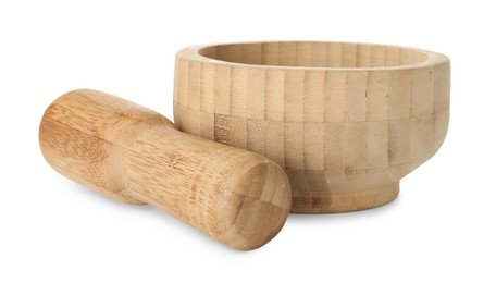 Photo of Wooden mortar with pestle isolated on white