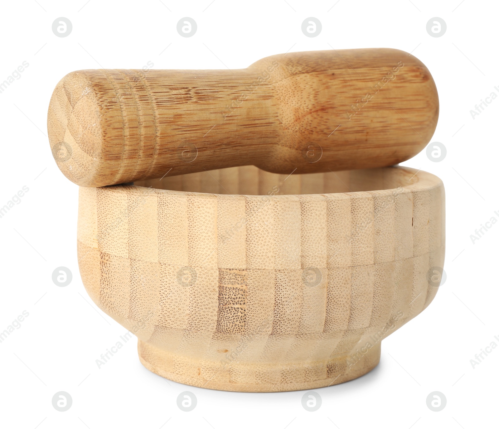 Wooden mortar with pestle isolated on white Photo of Wooden mortar with pestle isolated on white
