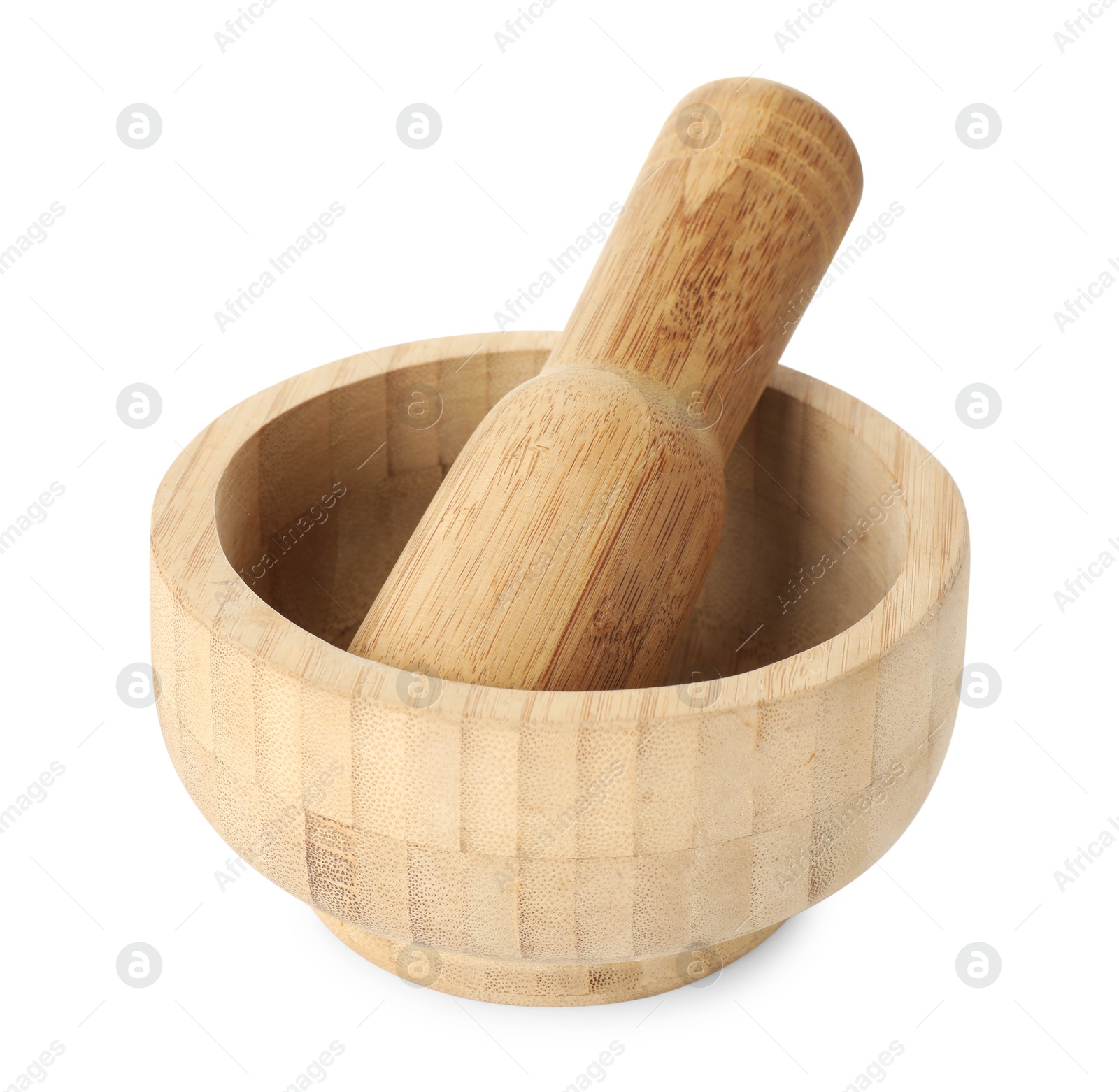 Wooden mortar with pestle isolated on white Photo of Wooden mortar with pestle isolated on white