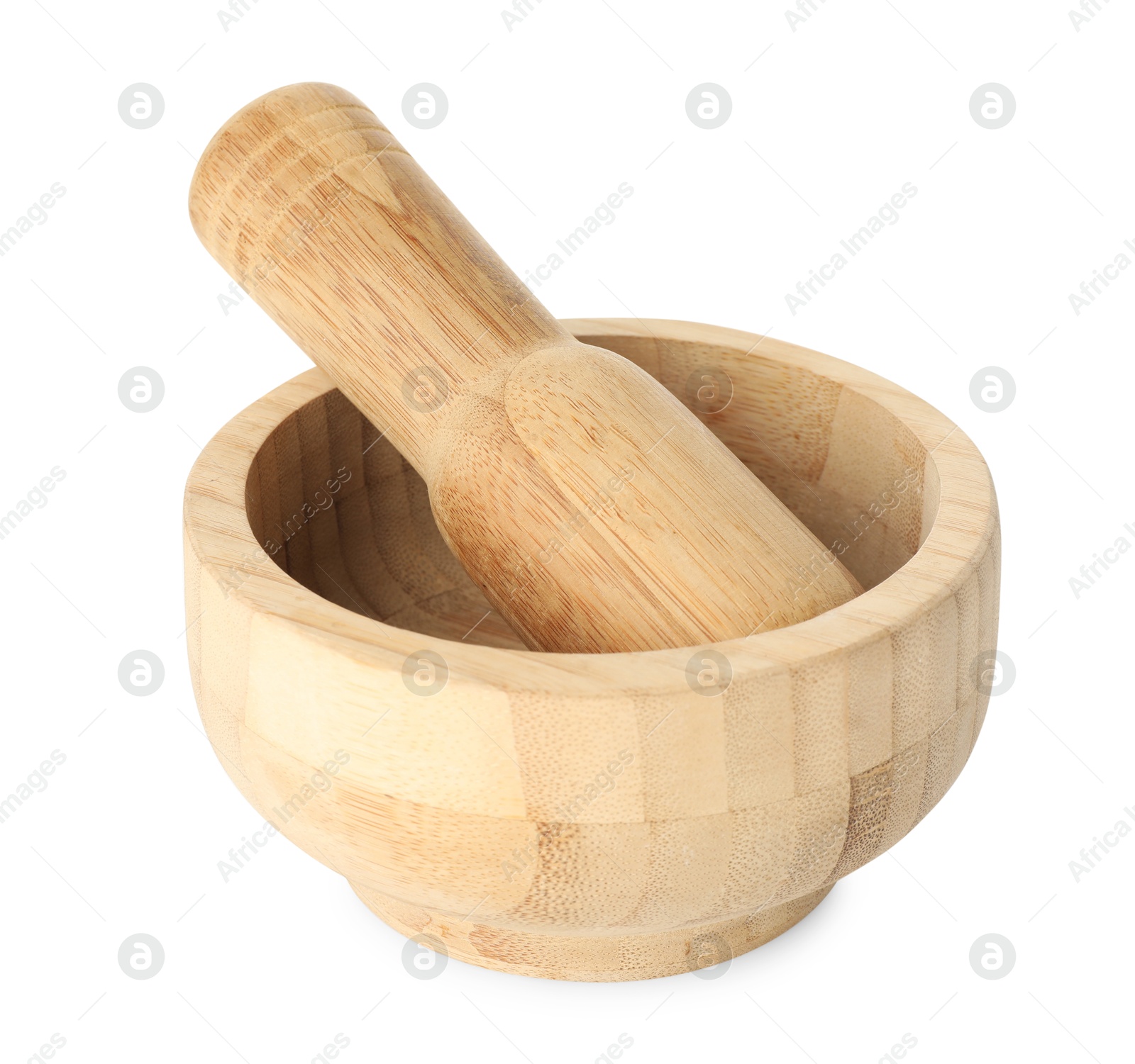 Wooden mortar with pestle isolated on white Photo of Wooden mortar with pestle isolated on white