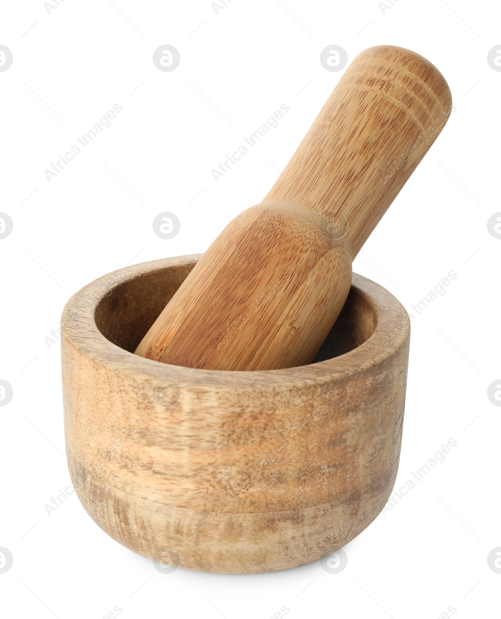 Wooden mortar with pestle isolated on white Photo of Wooden mortar with pestle isolated on white