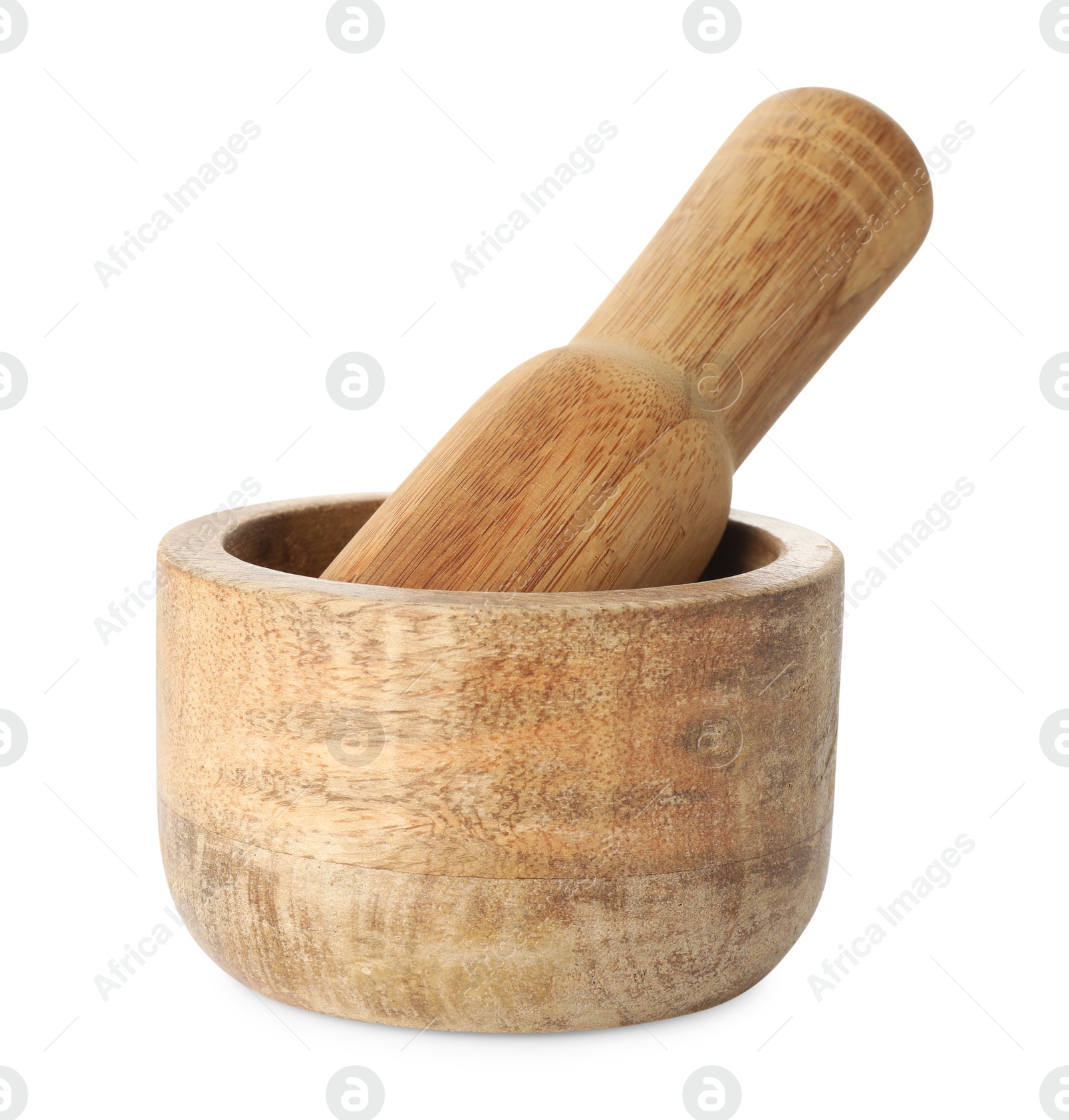 Wooden mortar with pestle isolated on white Photo of Wooden mortar with pestle isolated on white
