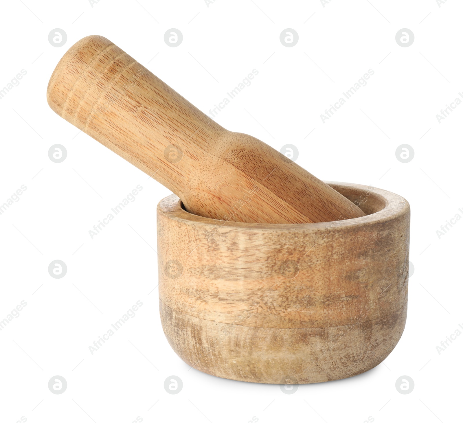 Wooden mortar with pestle isolated on white Photo of Wooden mortar with pestle isolated on white