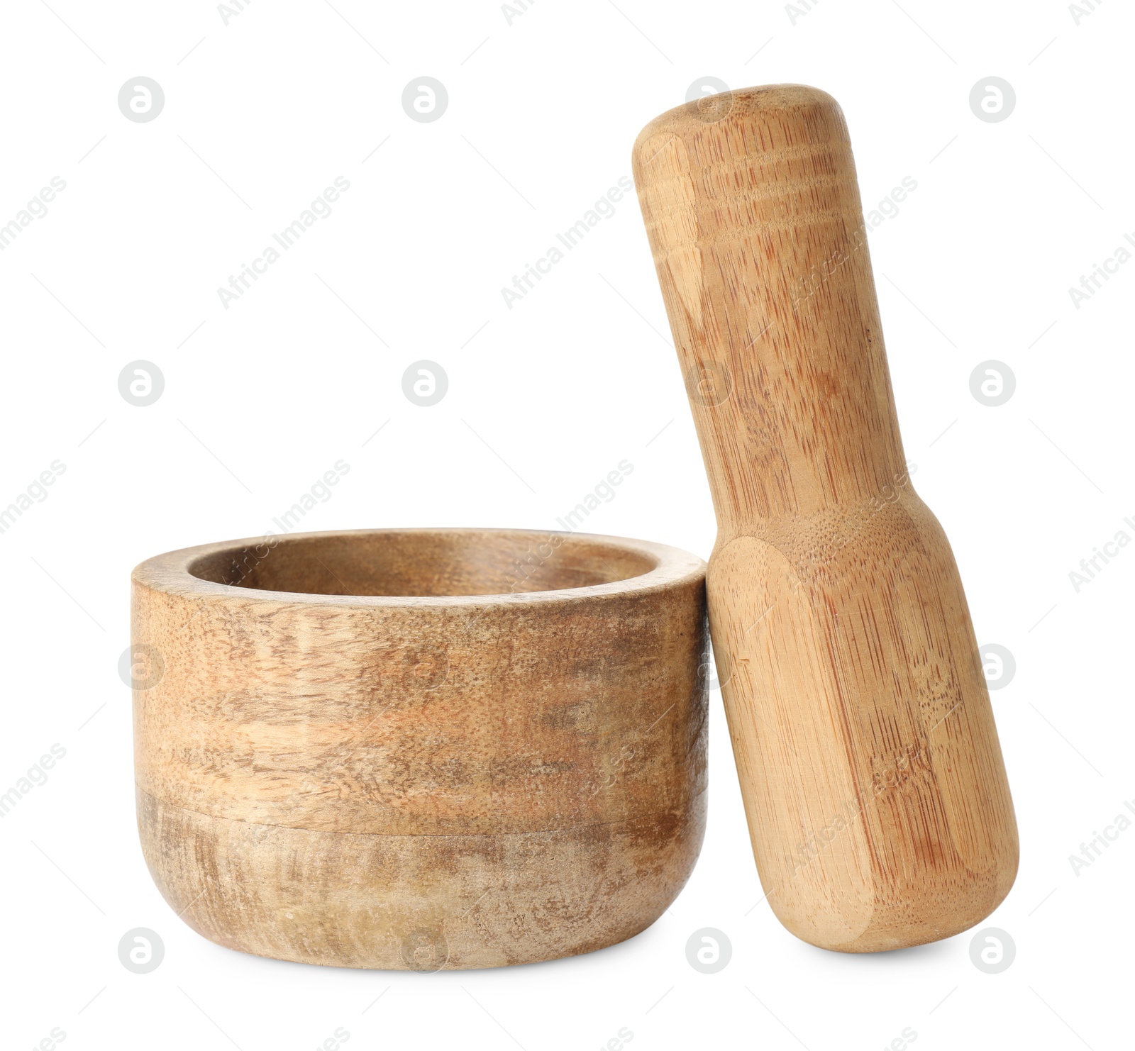 Wooden mortar with pestle isolated on white Photo of Wooden mortar with pestle isolated on white