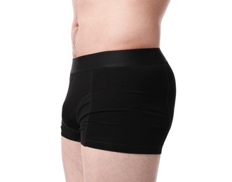 Photo of Young man in stylish black underwear on white background, closeup