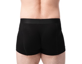 Photo of Young man in stylish black underwear on white background, closeup