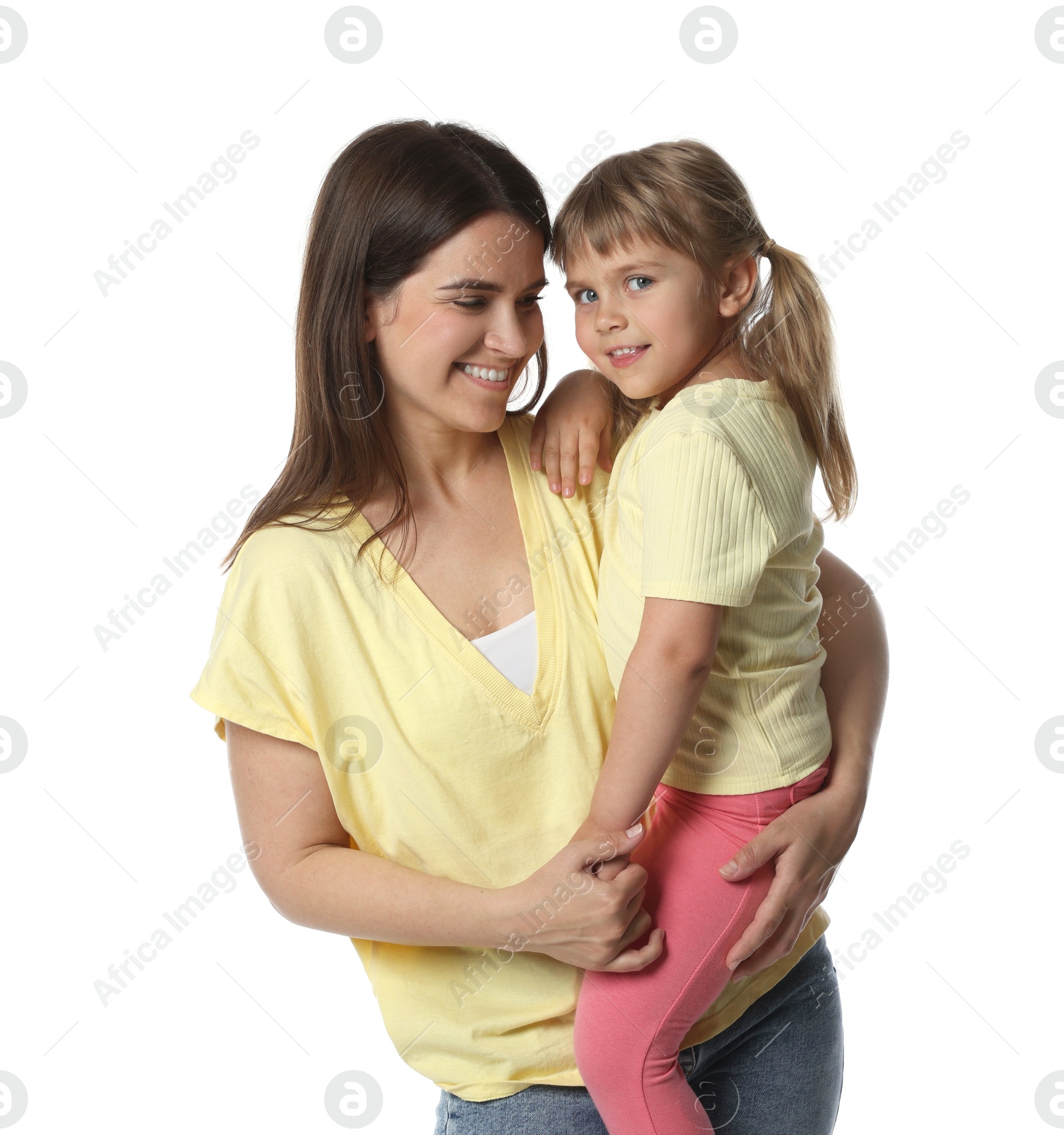 Portrait of happy mother and daughter on white background Photo of Portrait of happy mother and daughter on white background