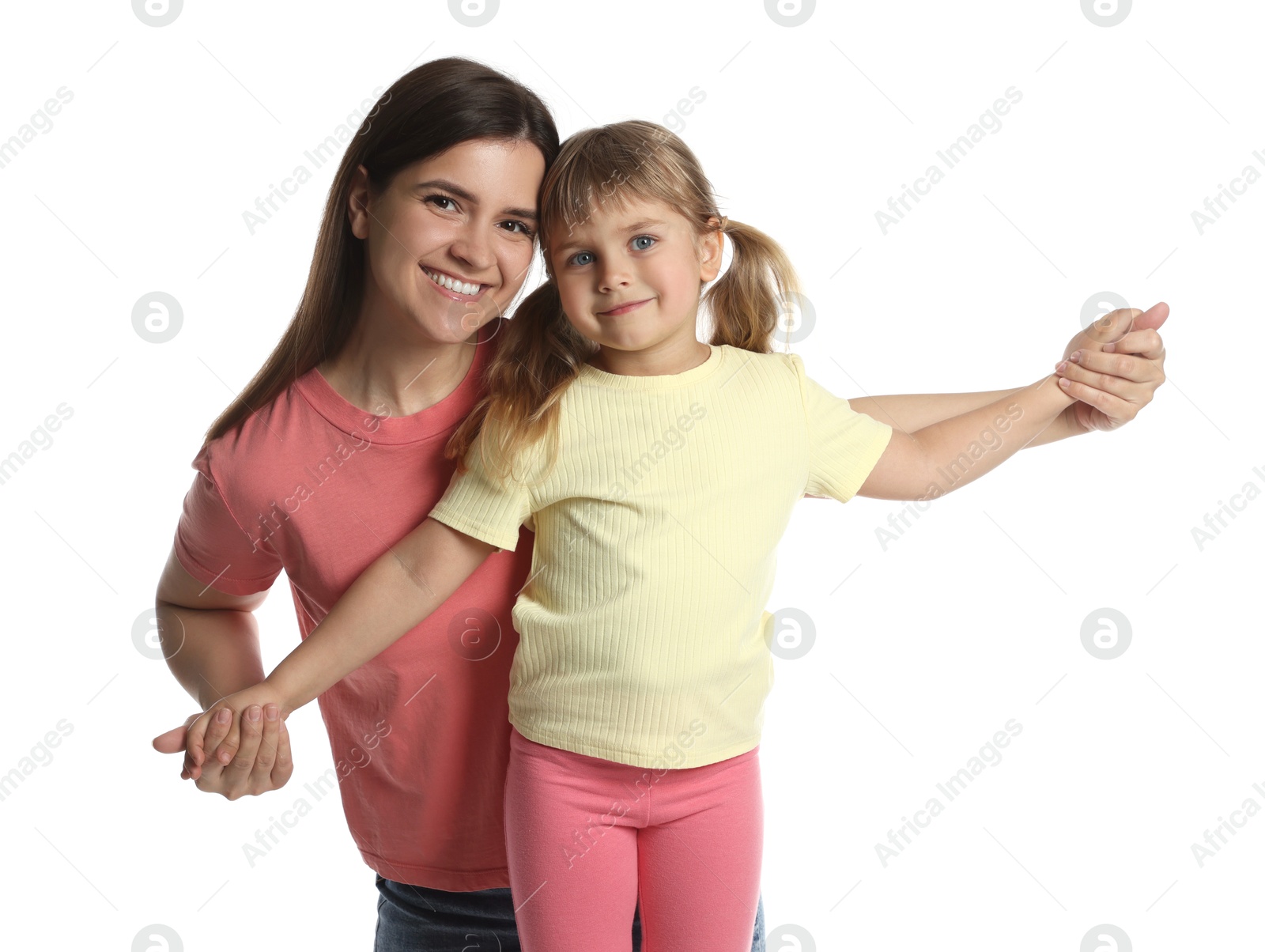 Portrait of happy mother and daughter on white background Photo of Portrait of happy mother and daughter on white background