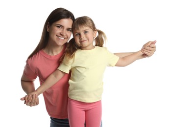 Photo of Portrait of happy mother and daughter on white background
