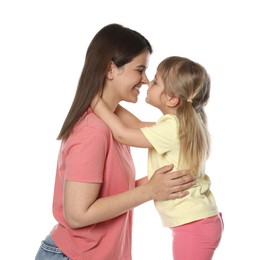 Photo of Portrait of happy mother and daughter on white background
