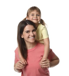 Photo of Portrait of happy mother and daughter on white background