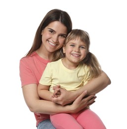 Photo of Portrait of happy mother and daughter on white background