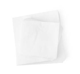 Photo of Stack of disposable paper handkerchiefs isolated on white, top view