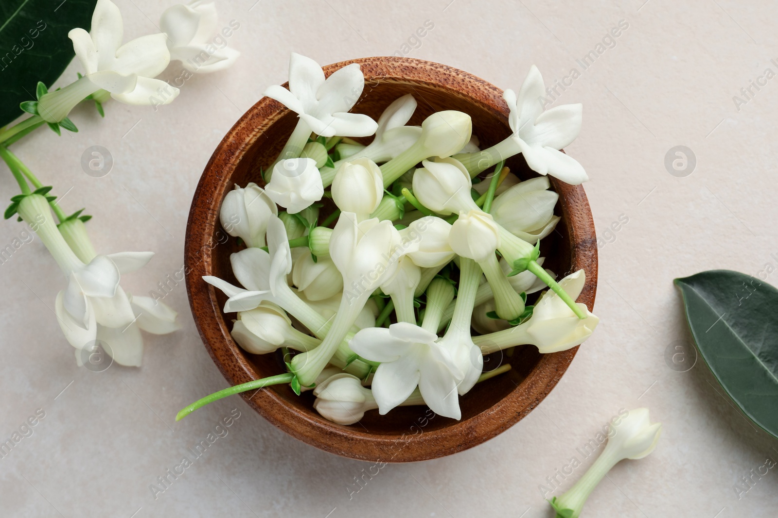 Bowl with jasmine flowers on beige table, flat lay Photo of Bowl with jasmine flowers on beige table, flat lay