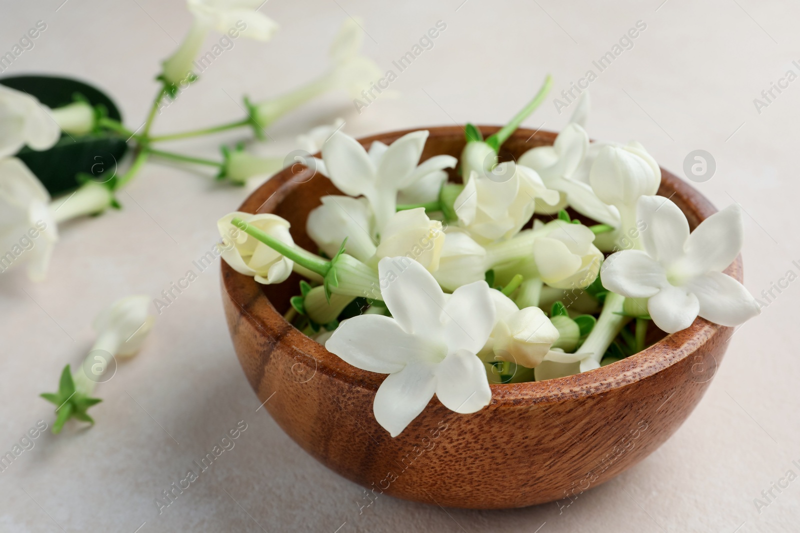Bowl with jasmine flowers on beige table, closeup Photo of Bowl with jasmine flowers on beige table, closeup