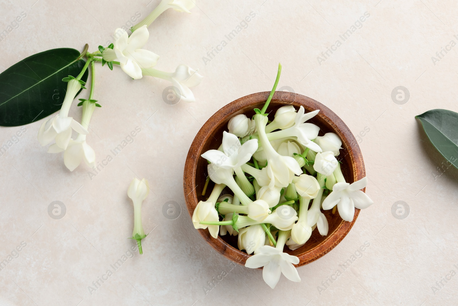 Bowl with jasmine flowers on beige table, flat lay Photo of Bowl with jasmine flowers on beige table, flat lay
