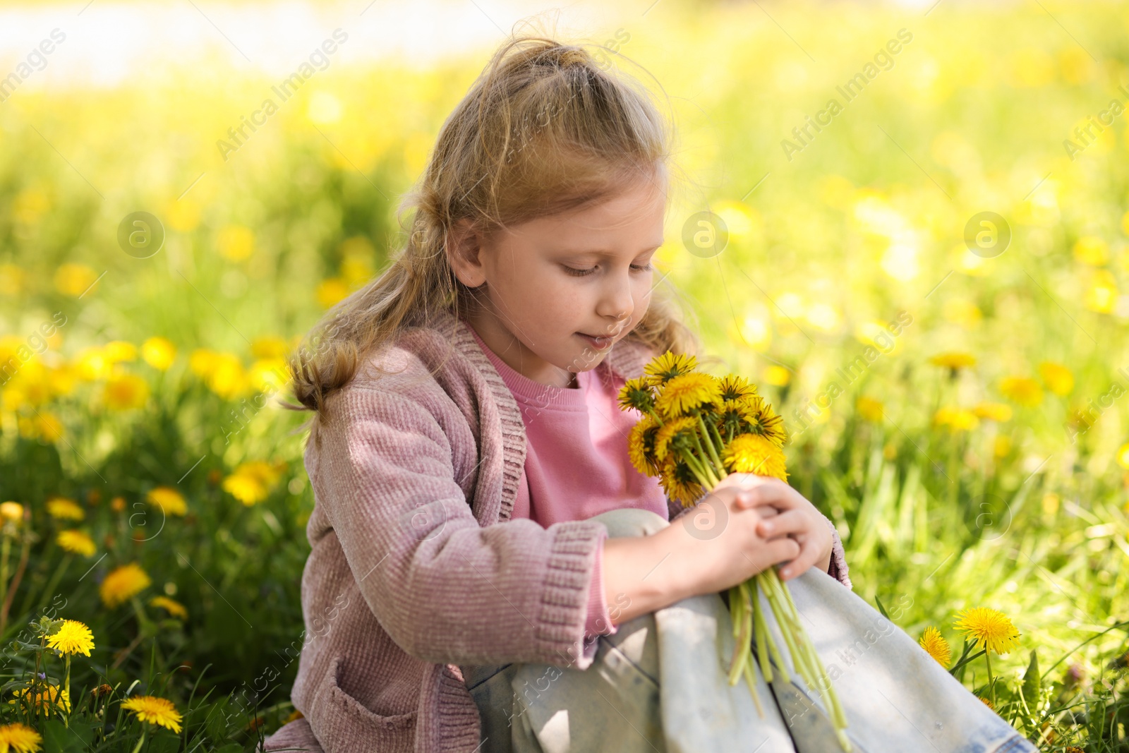 Cute little girl with beautiful dandelions outdoors on sunny day Photo of Cute little girl with beautiful dandelions outdoors on sunny day
