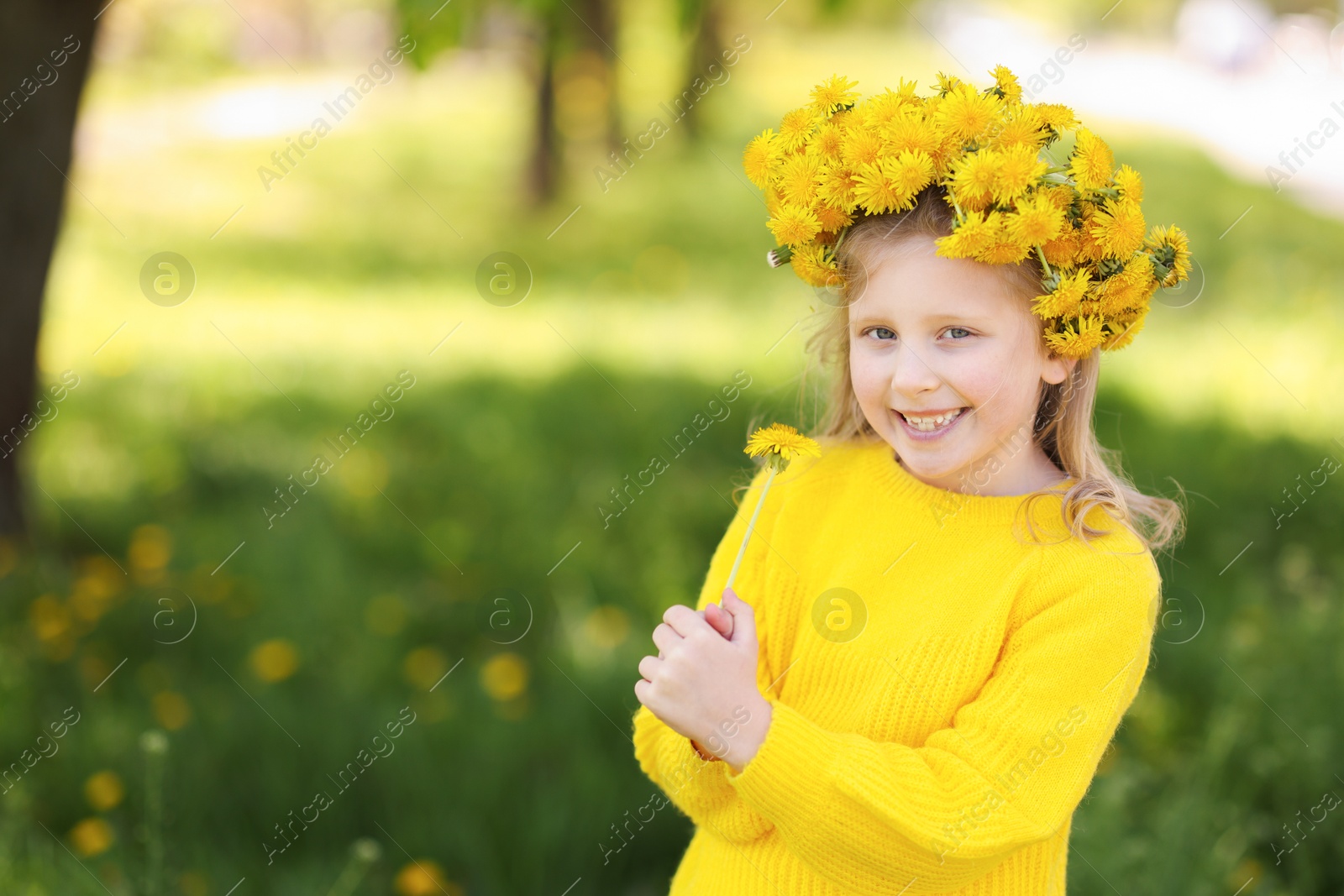 Cute little girl with beautiful flower wearing wreath of dandelions in park, space for text Photo of Cute little girl with beautiful flower wearing wreath of dandelions in park, space for text