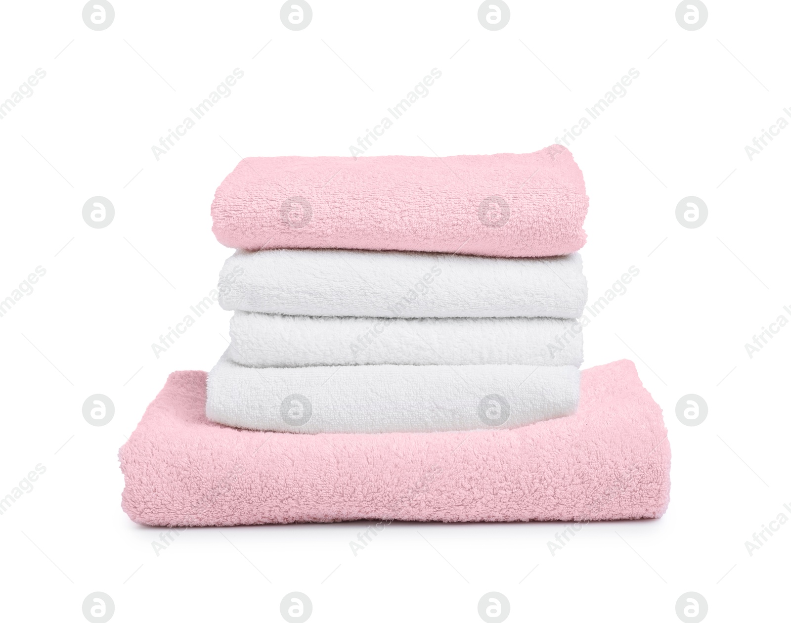Stack of clean towels isolated on white Photo of Stack of clean towels isolated on white