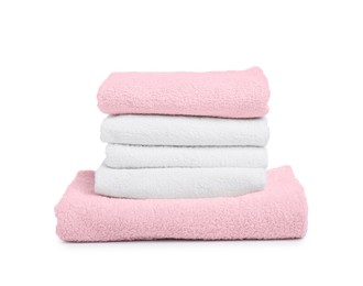 Photo of Stack of clean towels isolated on white