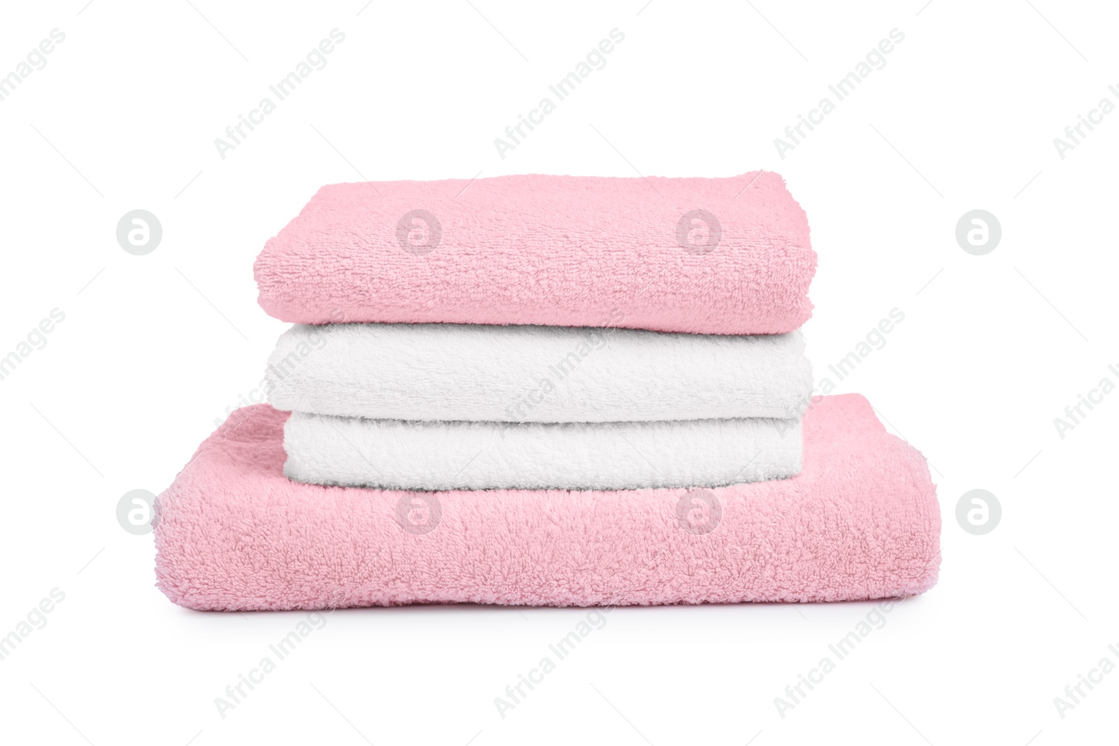 Stack of clean towels isolated on white Photo of Stack of clean towels isolated on white
