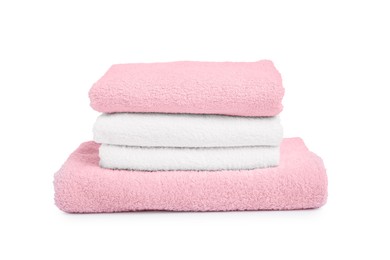 Photo of Stack of clean towels isolated on white
