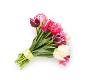 Photo of Bouquet of beautiful tulips isolated on white, top view