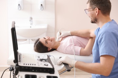 Photo of Sonographer conducting ultrasound examination of woman's thyroid gland in clinic