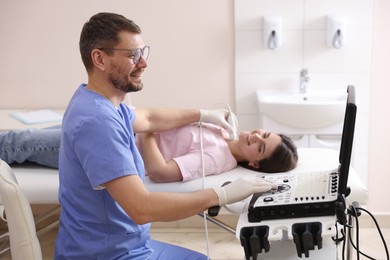 Photo of Sonographer conducting ultrasound examination of woman's thyroid gland in clinic