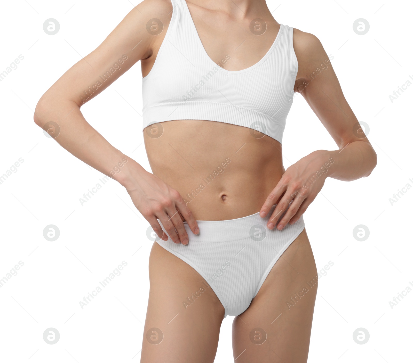 Woman with perfect slim body on white background, closeup Photo of Woman with perfect slim body on white background, closeup