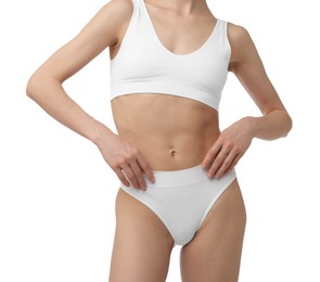 Photo of Woman with perfect slim body on white background, closeup