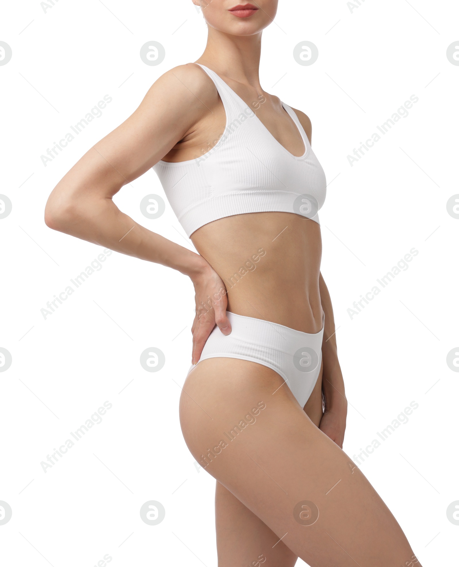 Woman with perfect slim body on white background, closeup Photo of Woman with perfect slim body on white background, closeup