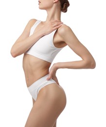 Photo of Woman with perfect slim body on white background, closeup