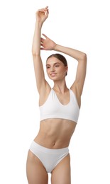 Photo of Beautiful woman with perfect slim body on white background