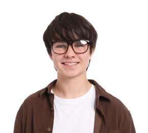 Photo of Portrait of teenage boy in glasses on white background