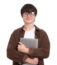 Photo of Teenage boy in glasses with laptop on white background