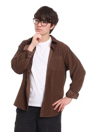 Photo of Portrait of teenage boy in glasses on white background