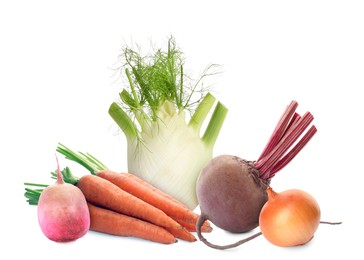 Image of Different root vegetables isolated on white. Onion, beet, carrots, celery root, turnip