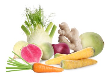 Image of Different root vegetables isolated on white. Onion, carrots, celery root, ginger, turnips
