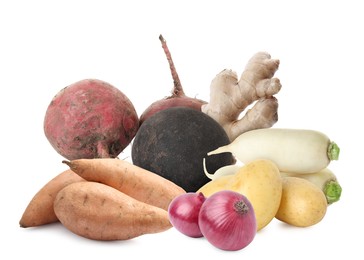 Image of Different root vegetables isolated on white. Onion bulbs, beets, potatoes, ginger, turnips
